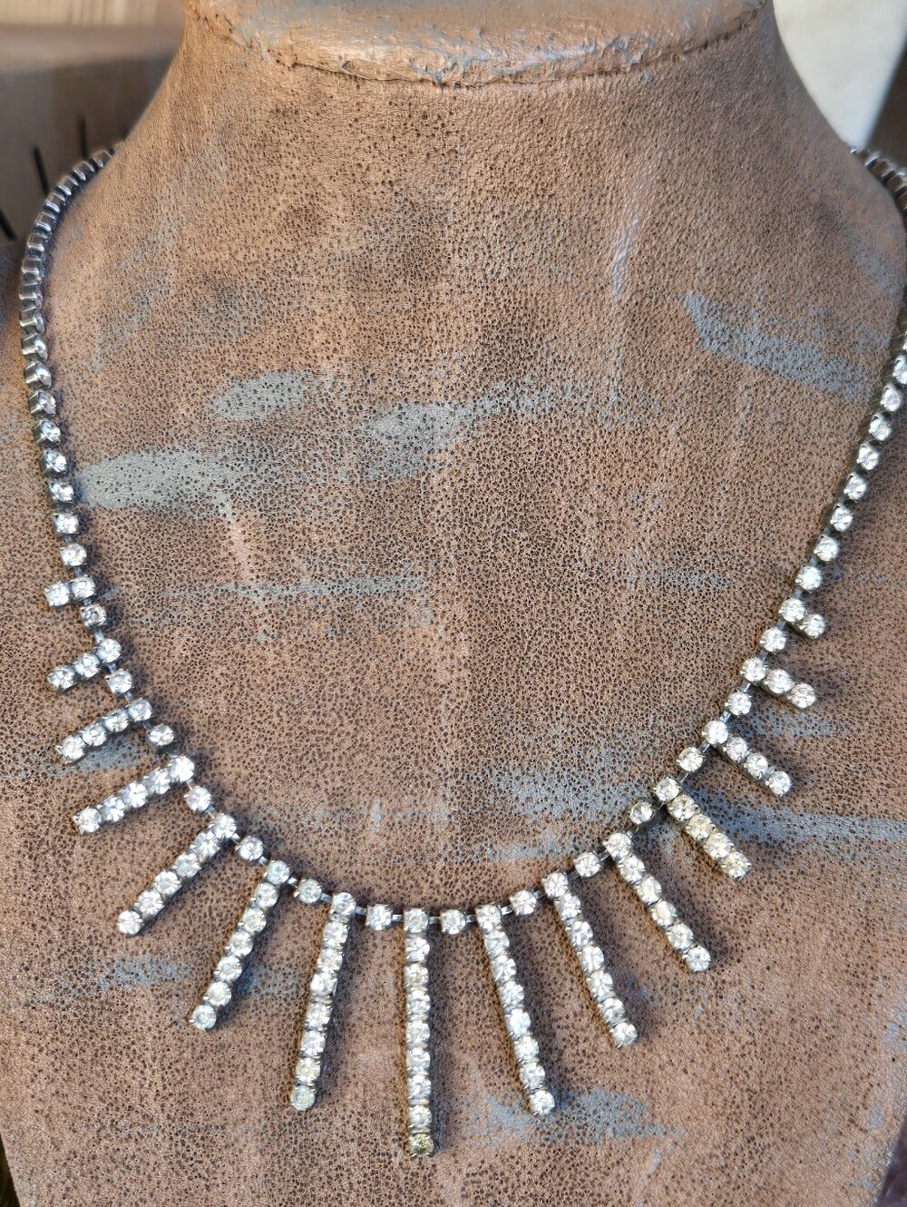 Vintage Clear Rhinestone Graduated Fringe Bib Necklace 17" Silver Tone Unmarked